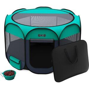 Portable Foldable Pet Playpen + Carrying Case & Collapsible Travel Bowl